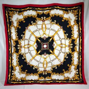 Chico’s Scarf Red White Black Gold Equestrian Straps Buckles